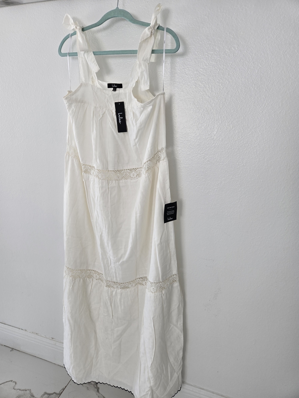 Lulu's White Tie-Shoulder Lace-Trim Maxi Dress Size S New - Picture 8 of 16